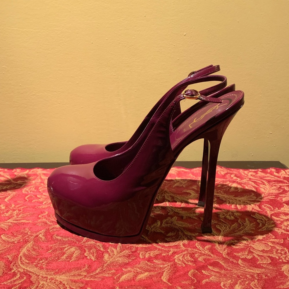 YSL Tribtoo 105 Pomegranate Patent Slingbacks